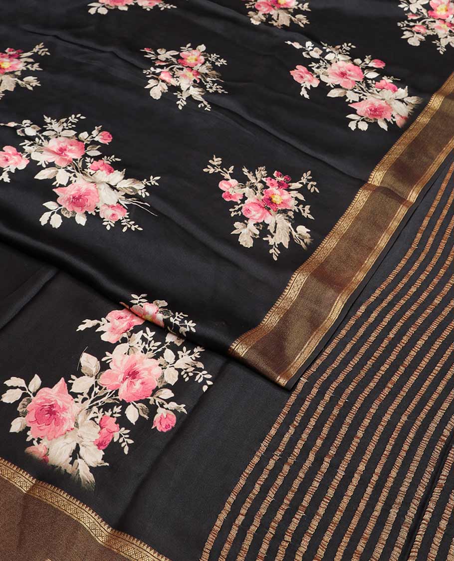 Black floral motifs printed silk saree with contrast zari design border & striped pallu