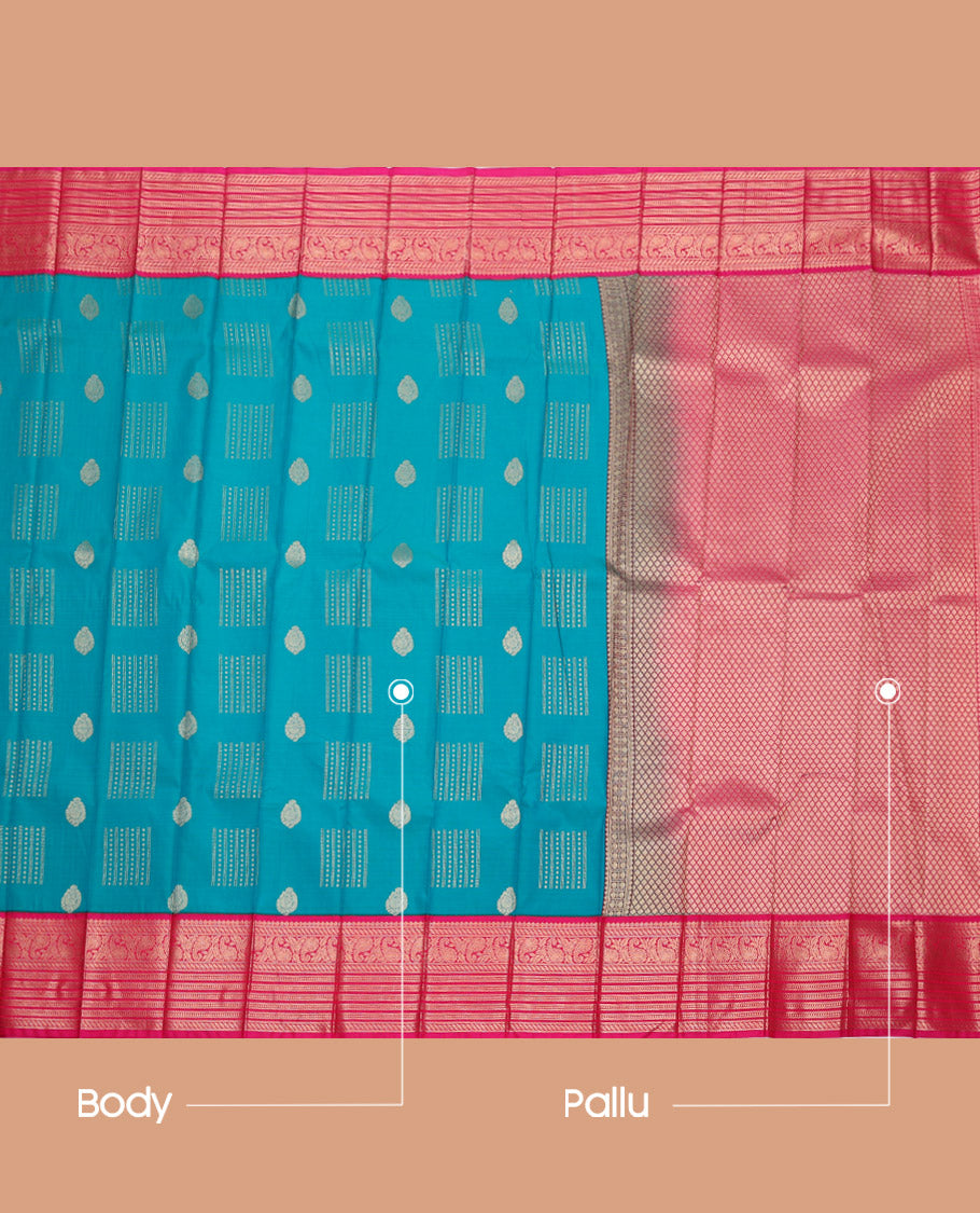 Blue Budget Silk Saree, Accentuated with Zari Buttas, Complemented by a Contrast Traditional Zari Border, Grand Pallu, and Contrast Blouse