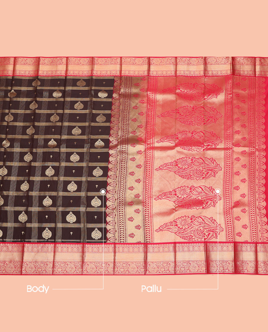 Brown Budget Silk Saree, Featuring Zari Butta Enclosed Checks, Complemented by a Contrast Traditional Design Border, Intricate Pallu, and a Contrast Blouse