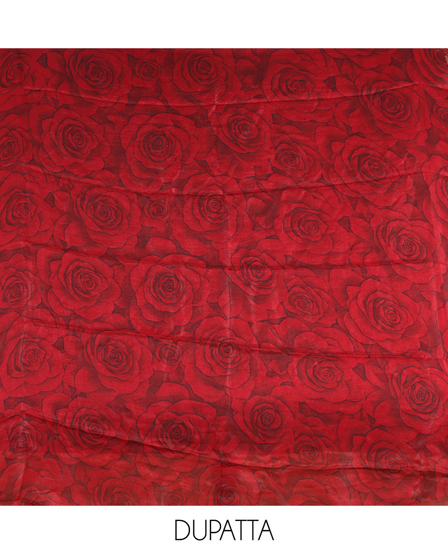 RedsMaroon Velvet Organza Designer Material Chudidar, Floral Embroidery Top, Plain Bottom, Rose Printed Dupatta