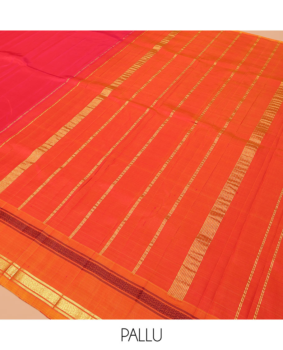 Red Kanchipuram Silk Saree, Complemented by a Contrast One-Sided Rettai Pettu Border of Banaras, and Mayil Kann Designs, Zari Woven Pallu, and a No Blouse