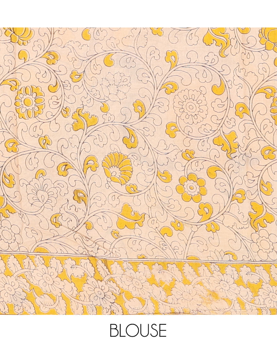 Mustard Machine-Printed Kalamkari Cotton Saree Features Floral Jaal Design, Floral Printed Border, Pallu of Fauna Design, and a Contrast Blouse