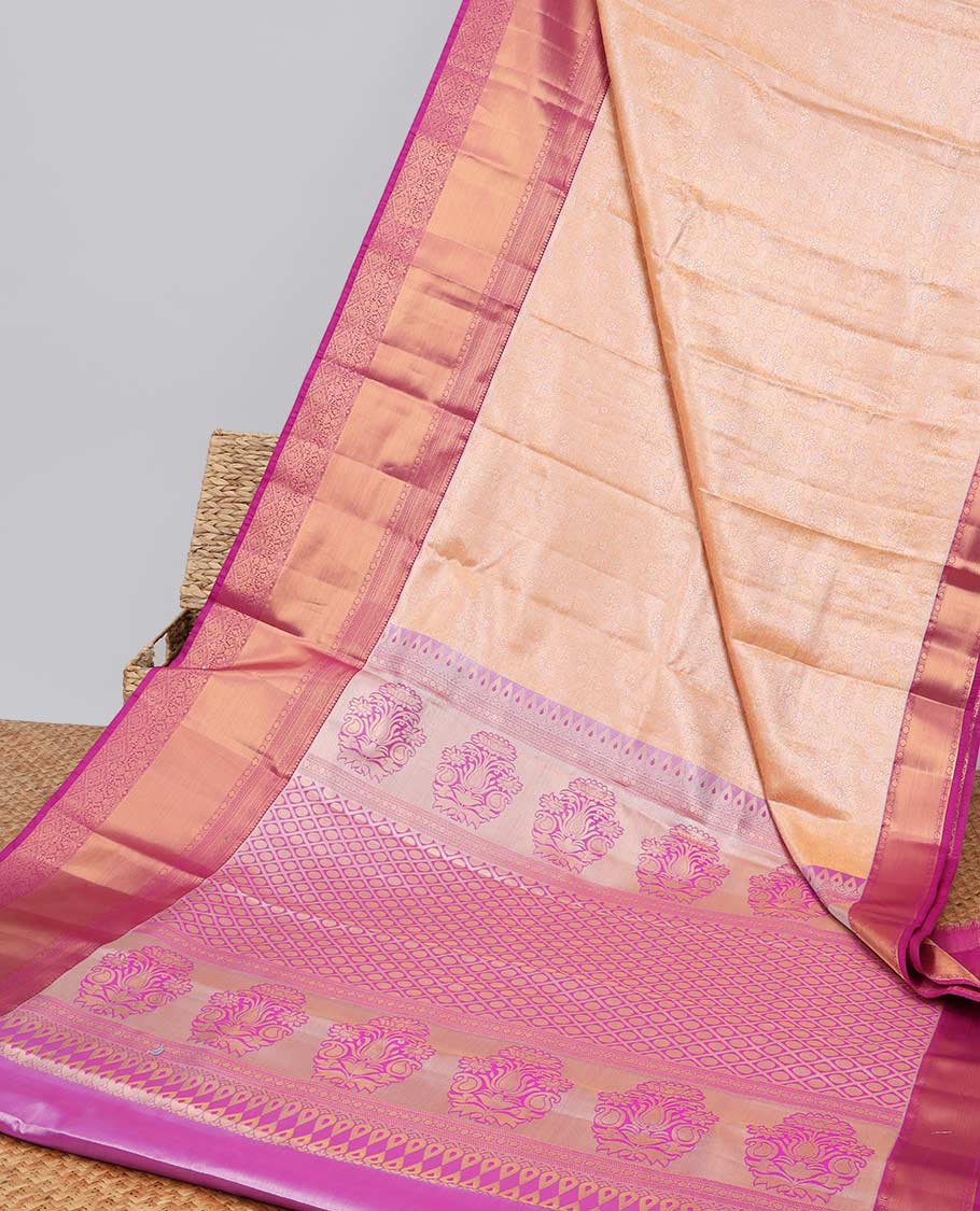 Orange floral jacquard budget silk saree with contrast zari design border & intricate zari design pallu