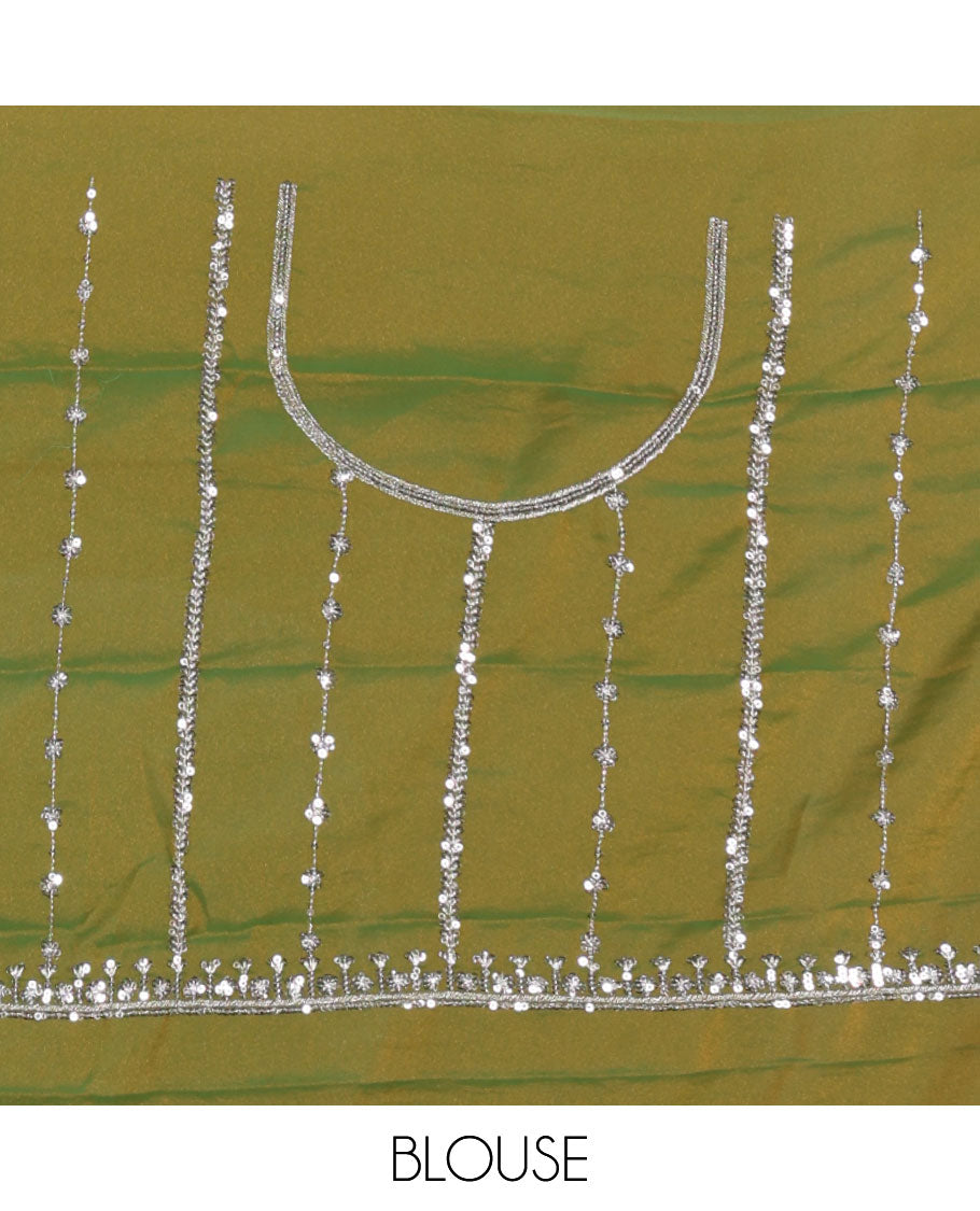 Parrot green vertical stripes embroidered shimmer chiffon saree, scallop embroidered border, embroidered pallu, and fancy embroidered matching blouse