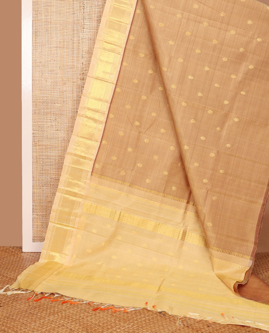 Light brown zari buttas Kanchipuram silk saree, contrast one-sided border of panner sombu,banaras & jaal & zari design pallu