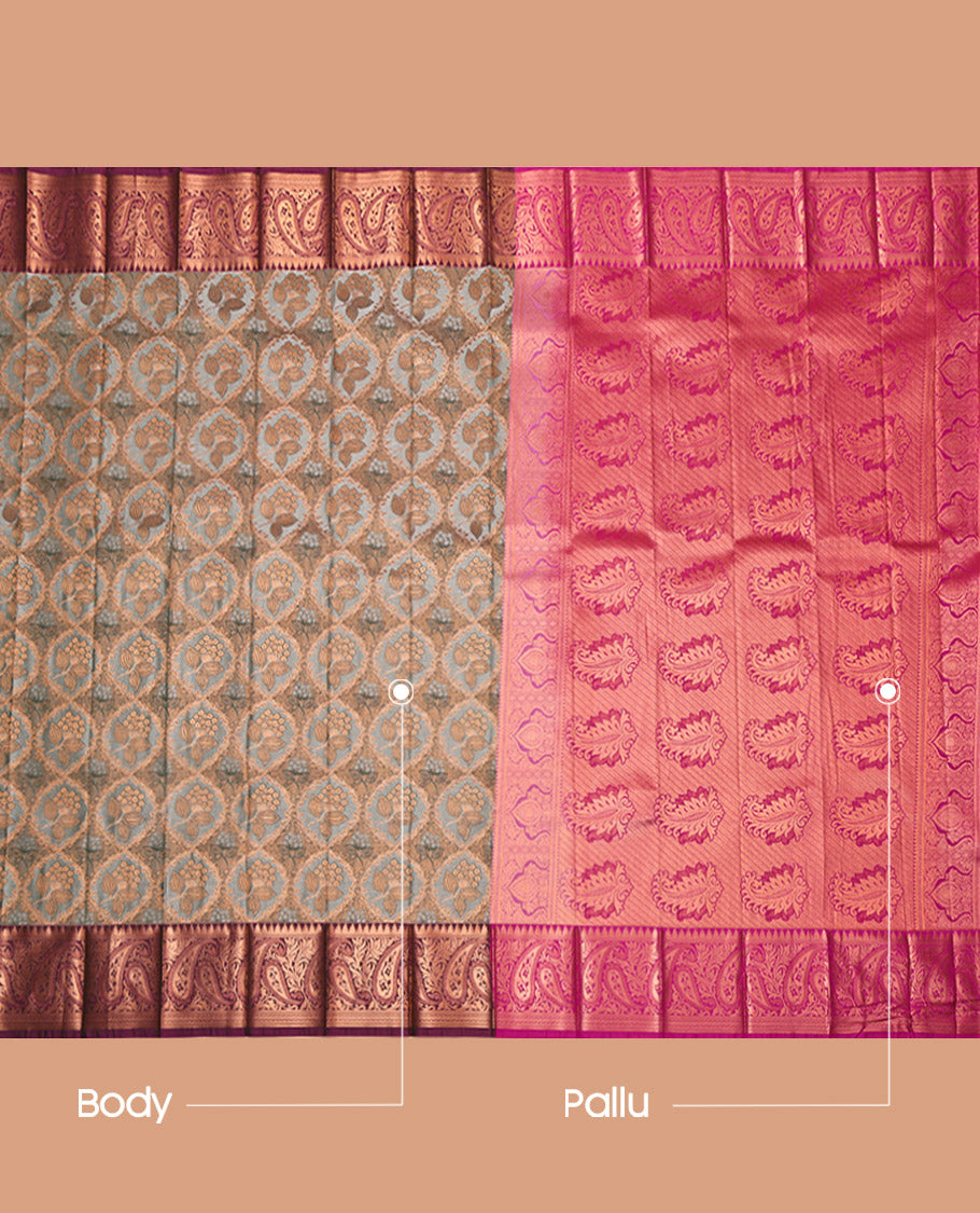 Grey Budget Silk Saree, Elevated with Jacquard Weave, Complemented by Contrast Paisley Border, Grand Paisleys Woven Pallu and Contrast Blouse