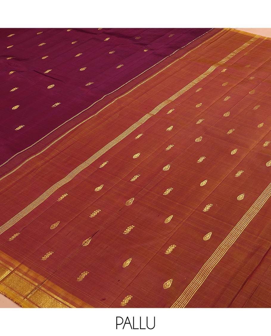Maroon Kanchipuram Silk Saree, Woven with Zari Buttas, a Contrast One-sided Border of Banaras, and Mayil Kann Design, Zari Woven Pallu, and No Blouse