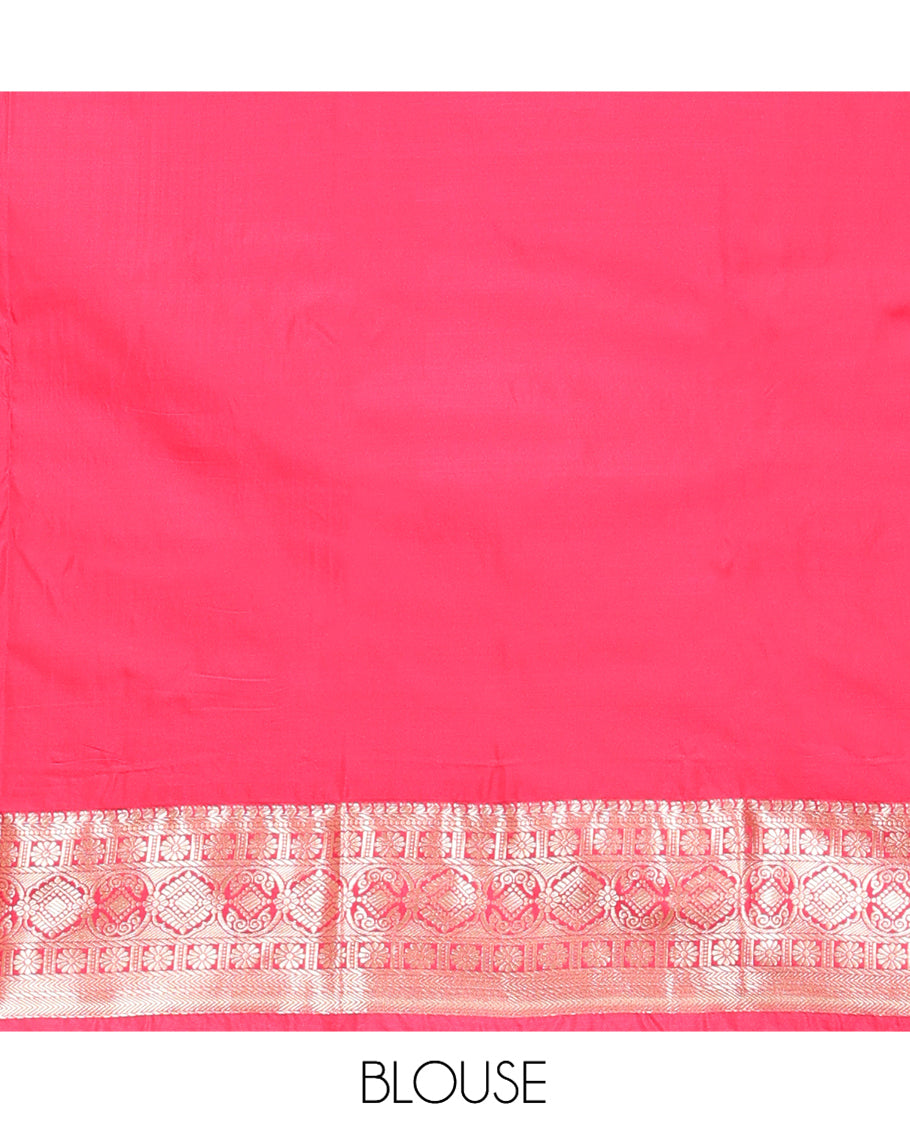 Dark Green Budget Silk Saree, Ornamented with Zari Buttas, Complemented by a Contrast Traditional Zari Border, Pallu of Jaal and Paisleys, and Contrast Blouse