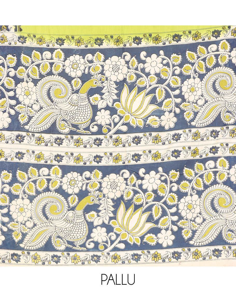 Green Plain Kalamkari Cotton Saree, Contrast Kalamkari Floral-Peacock Printed Border, Peacock-Floral Pallu, and a Contrast Blouse
