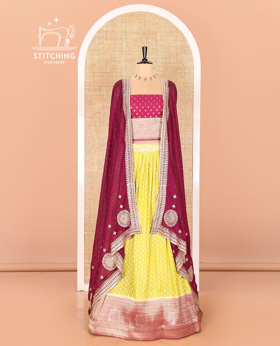 Parrot Green Buttas Embroidered Half-Saree with Contrast Traditional Motifs, Embroidered Viscose Georgette Border, Contrast Blouse, Intricately Embroidered Syska Georgette Dhavani, and a Embroidered Belt