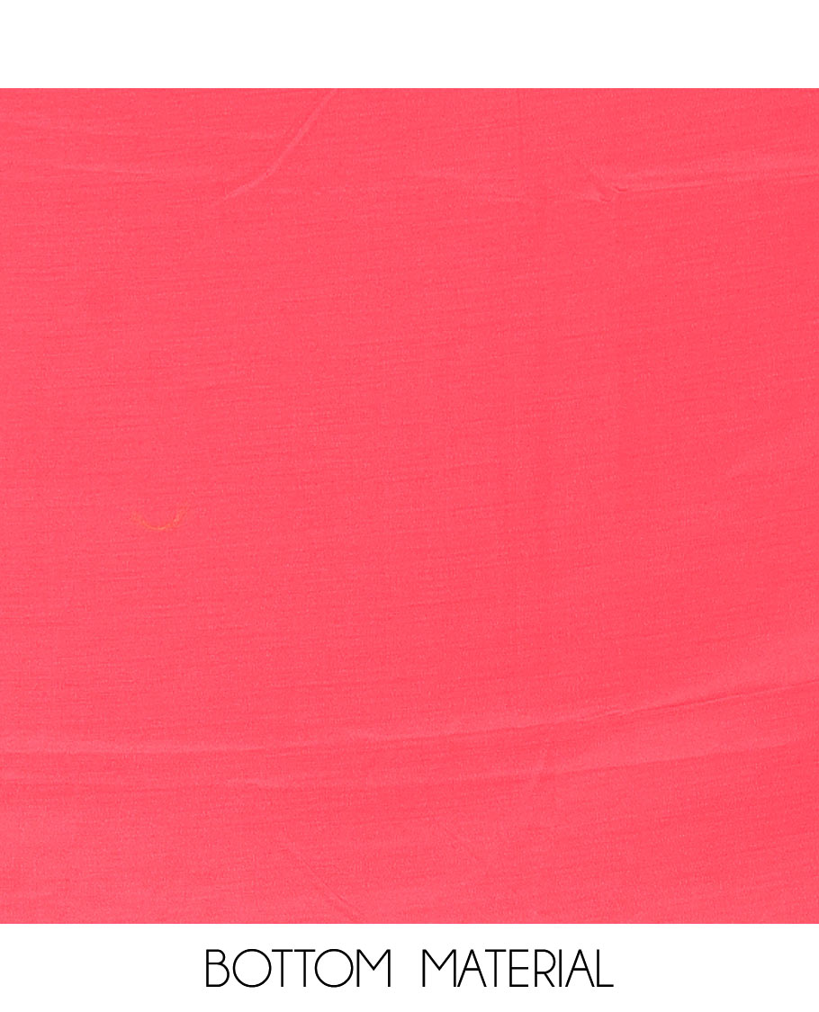 Tomato Pink Material Chudidar Set Decked Up with Floral-Geometric Printed with Neck Embroidered Chinon Top, Subtly Made Plain Santoon Bottom, and a Chinon Dupatta Featuring Printed Border, and Glitter Dots