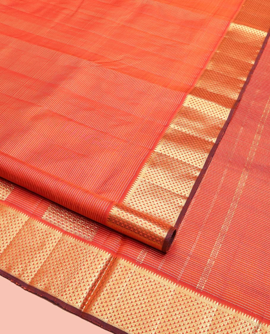 Orange Nine-Yard Silk Saree, Bedecked with Zari Stripes, Highlighted by a Zari Border of Rekku and Ara Maadam Design, Pallu of Ara Maadam Designs, and No Blouse