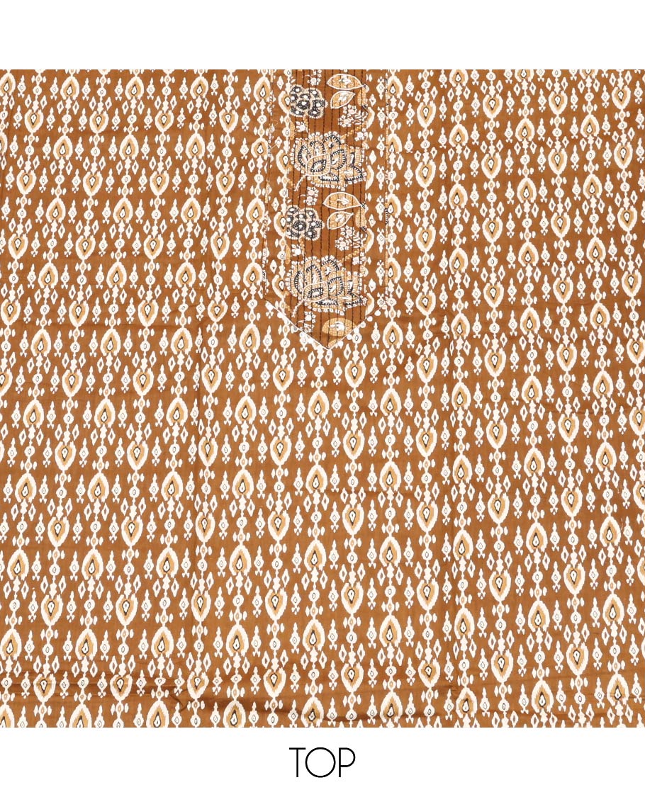 Brown Material Chudidar Set, Adorned with Intricate Designs and Thread Work Cotton Top, a Floral Printed Cotton Bottom, and Paired with an Intricately Printed Cotton Dupatta