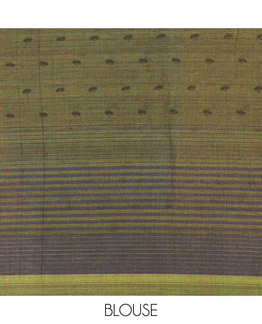 Green stripes, and tropical floral printed Mangalgiri cotton saree, traditional thread border, striped pallu, and a matching blouse