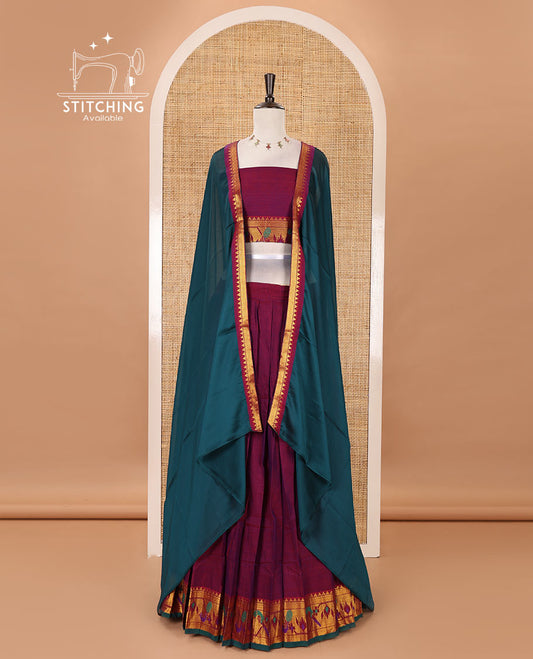 Magenta mercerised cotton half-saree, plain & contrast paithani peacock border skirt, matching blouse & contrast plain zari border dhavani