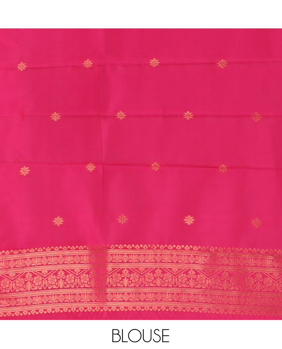 Blue Kanchi Silk Saree, Adorned with Zari Buttas, a Contrast Zari Butta Border, Grand Pallu, and a Contrast Blouse