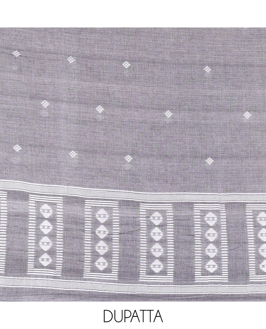 Grey Mul Cotton Material Chudidar Features Jamdani-Style Top, Striped Bottom, a Jamdani Dupatta