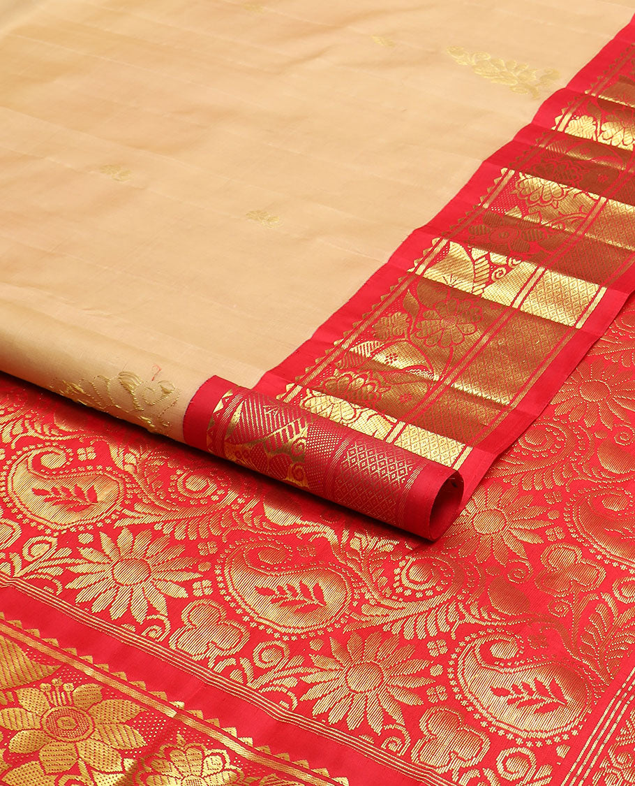 Sandal zari buttas Kanchipuram silk saree, contrast one-sided korvai border of rekku,banaras & mayil kann & floral-paisley pallu