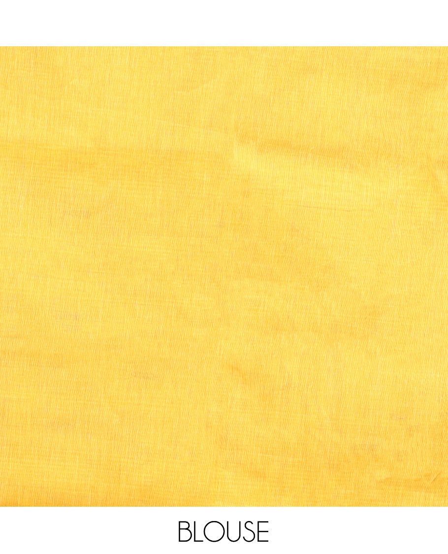 Yellow Chettinad Cotton Saree, Subtly Sparkled with Buttas All Over Its Body, Complemented by a Contrast Ganga-Jamuna Kal Eragina Border of Kodi Peacock and Elephant Designs, Pallu of Buttas and Stripes, and Paired with a Matching Blouse