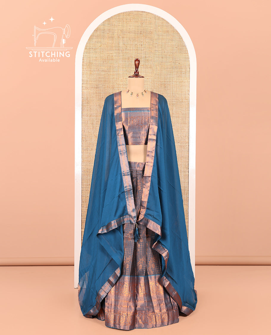 Grey-Firozi Blue Semi-Banarasi Half-Saree Features Jacquard Skirt, Contrast Traditional Border, Matching Blouse, and Syska Georgette Dhavani
