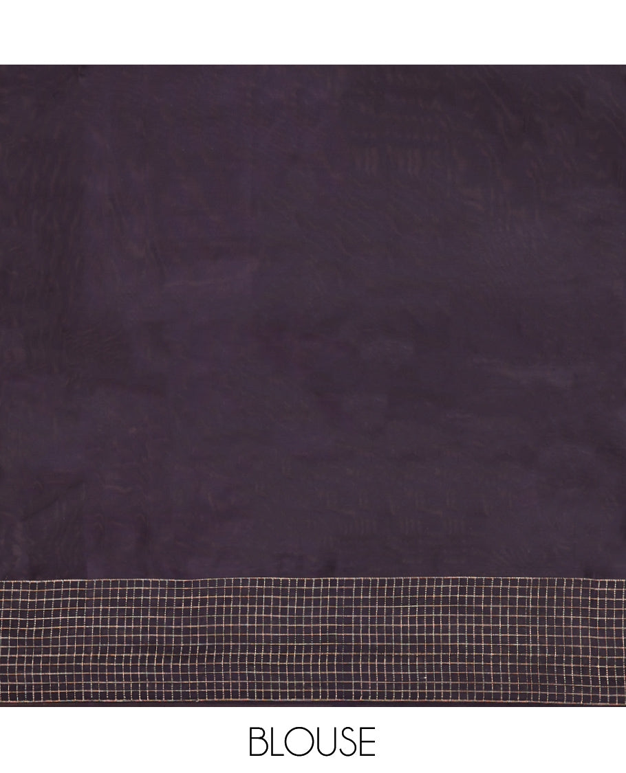 Purple Vasundhara Lite-Silk Mix Saree Featuring Zari Buttas, Complemented by Contrast Checked Border, Grand Jaal Pallu, and a Contrast Blouse