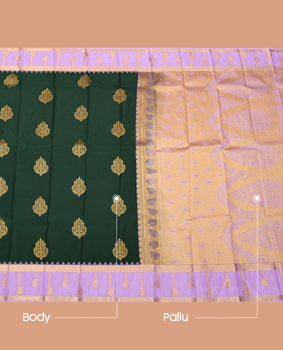 Green Budget Silk Saree, Subtly Enriched with Zari Buttas, Complemented by a Contrast Traditional Zari Border, Grand Pallu, and Contrast Blouse