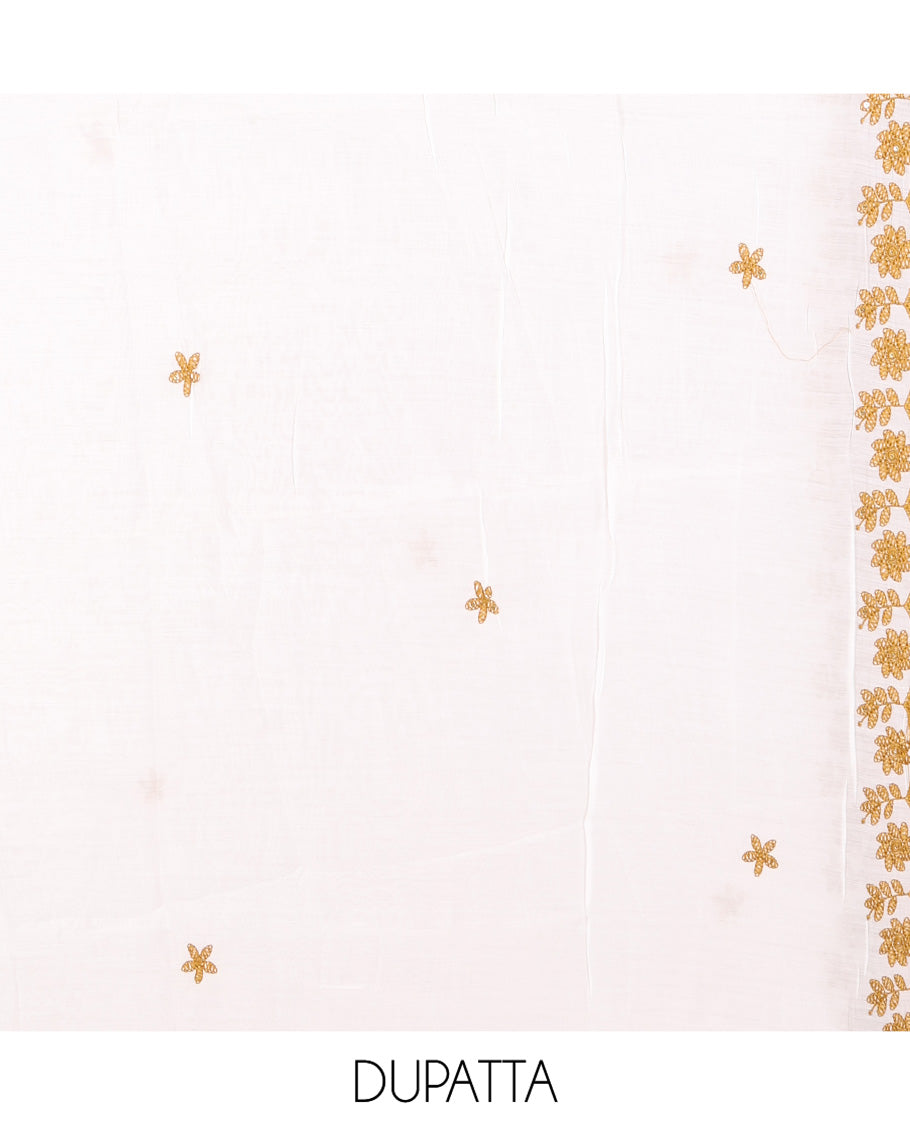 White-Mustard Mul Chanderi Material Churidar Features a Floral-Themed Thread-Embroidered Top, a Plain Santoon Bottom, and Thread Embroidered Dupatta