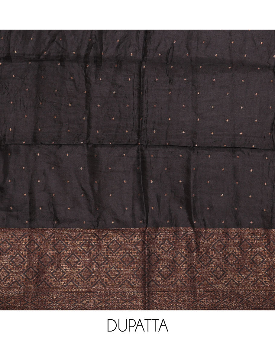 Black material chudidar set, copper zari buttas and jaal design semi-modal silk top, plain santoon bottom, and zari design woven semi-modal silk dupatta