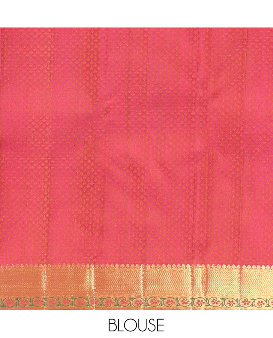 Sandal Embossed Parampara Silk Saree, a Contrast Border of Thilakam Mokku, Vanki, and Kodi Visiry Designs, Grand Pallu, and a Contrast Blouse