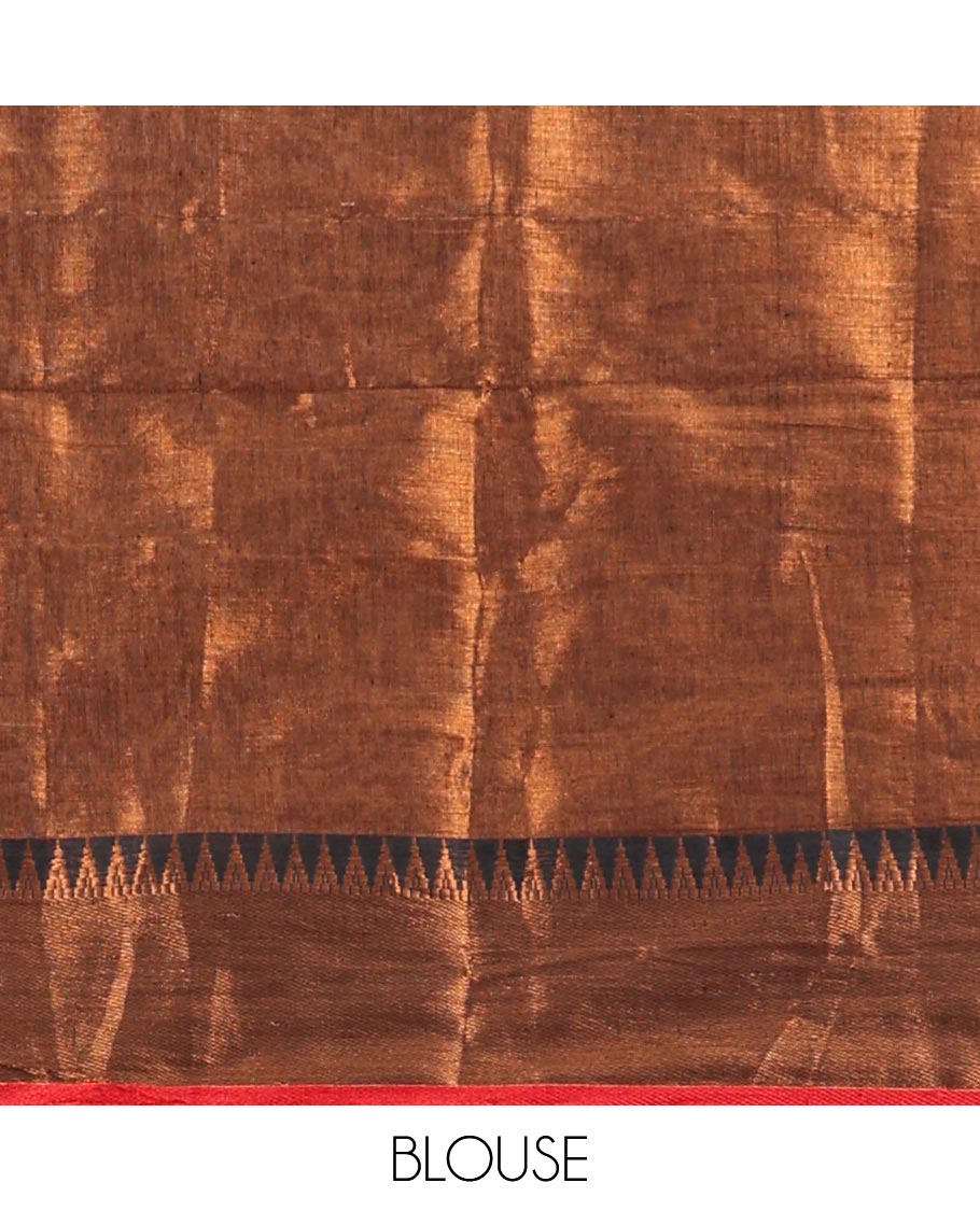Copper brown plain tissue copper saree with contrast double side temple border & all over pallu , tussels & running blouse