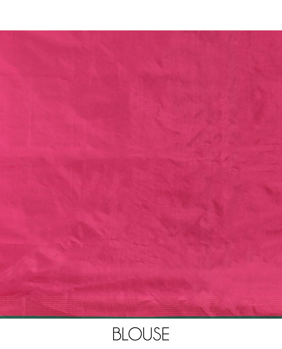 Green vaira ousi line double wrap butta bhavishna saree with contrast pink zari border & contrast pink color blouse