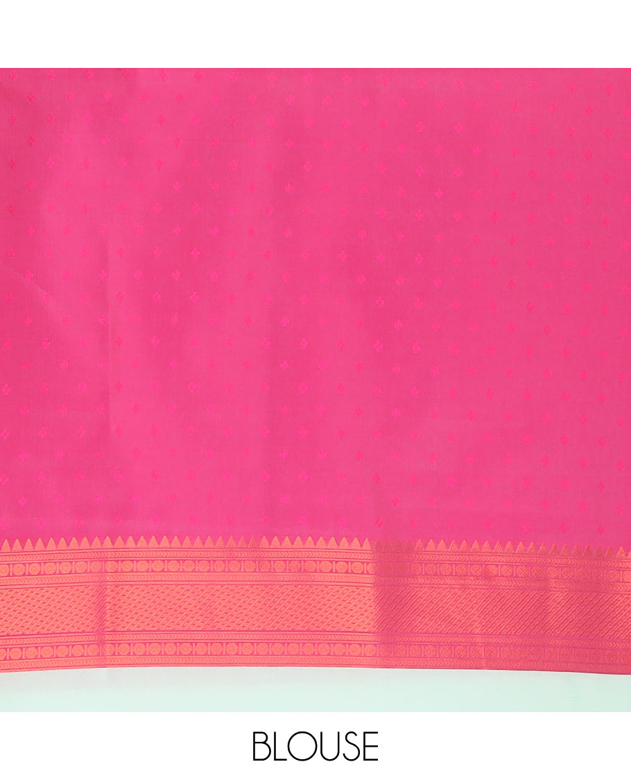 Mint green ikkat design mulberry silk saree with contrast border & ikkat pallu along with self embosed butta blouse