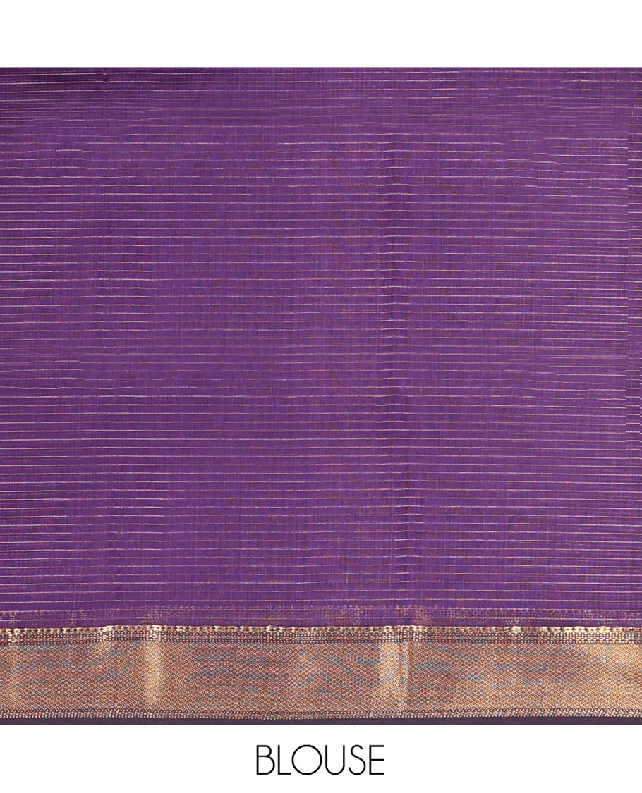 Purple Maheshwari Cotton Saree, Gleamed up with Zari Checked Design On Its Body, Highlighted by Zari Traditional Border, Gleaming Zari Striped Pallu, and Paired with a Matching Blouse