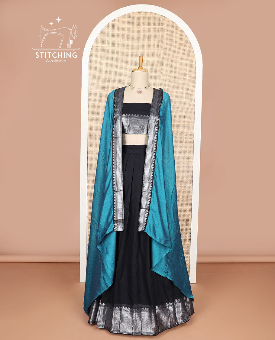 Black cotton half saree with contrast zari design border, zari design blouse & plain, zari design border dhavani