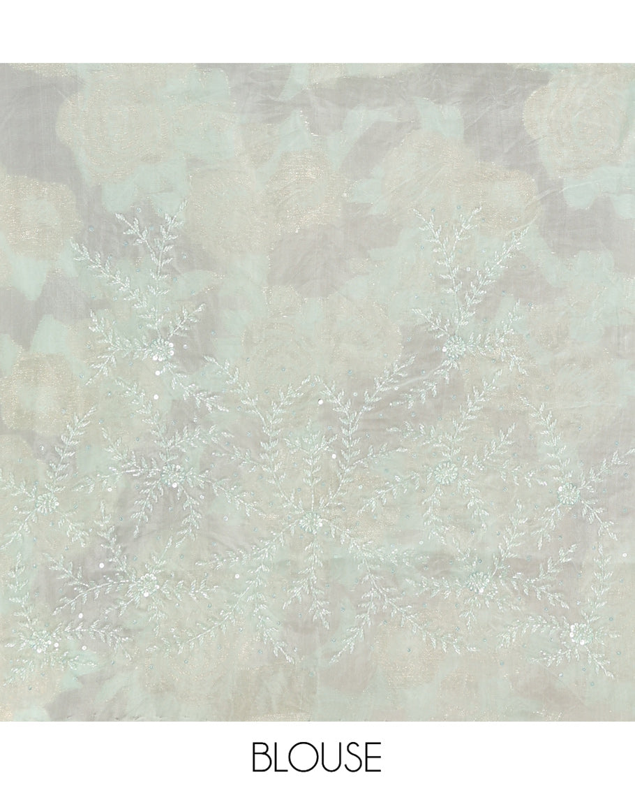 Sea Green Turkey Organza Saree Features Floral Gold-Glitter work, Scallop Border, Embroidered Blouse
