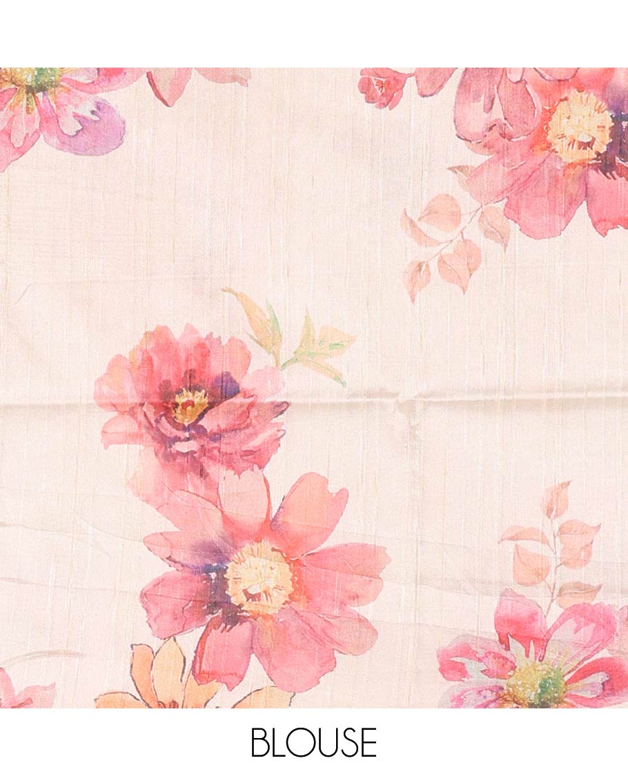 Elaichi green plain fancy tussar digital printed saree, contrast floral digital printed border, floral printed pallu, and a floral printed blouse