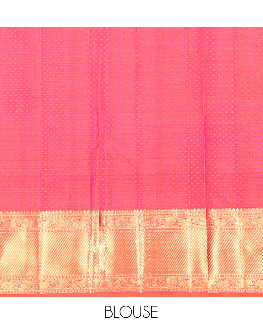 Orange Kanchipuram Wedding Silk Saree, Woven with Jacquard Design, Zari Border of Thilakam Mokku, Muthu, and Kodi Visiry Designs, Jaal Pallu, and a Matching Blouse