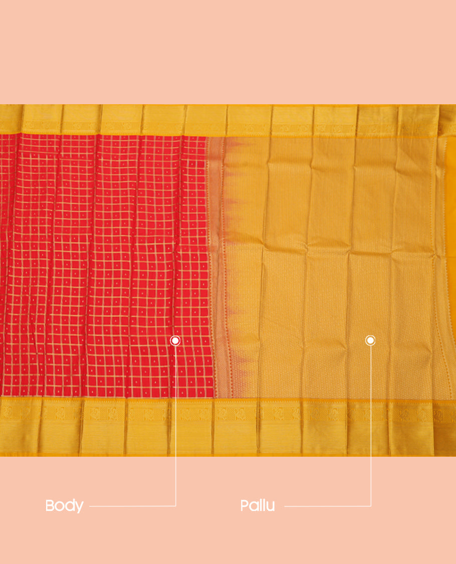 Red Budget Silk Saree, Embellished with Zari Butta Enclosed Checks, Complemented by a Contrast Traditional Zari Border, Grand Pallu, and a Contrast Blouse