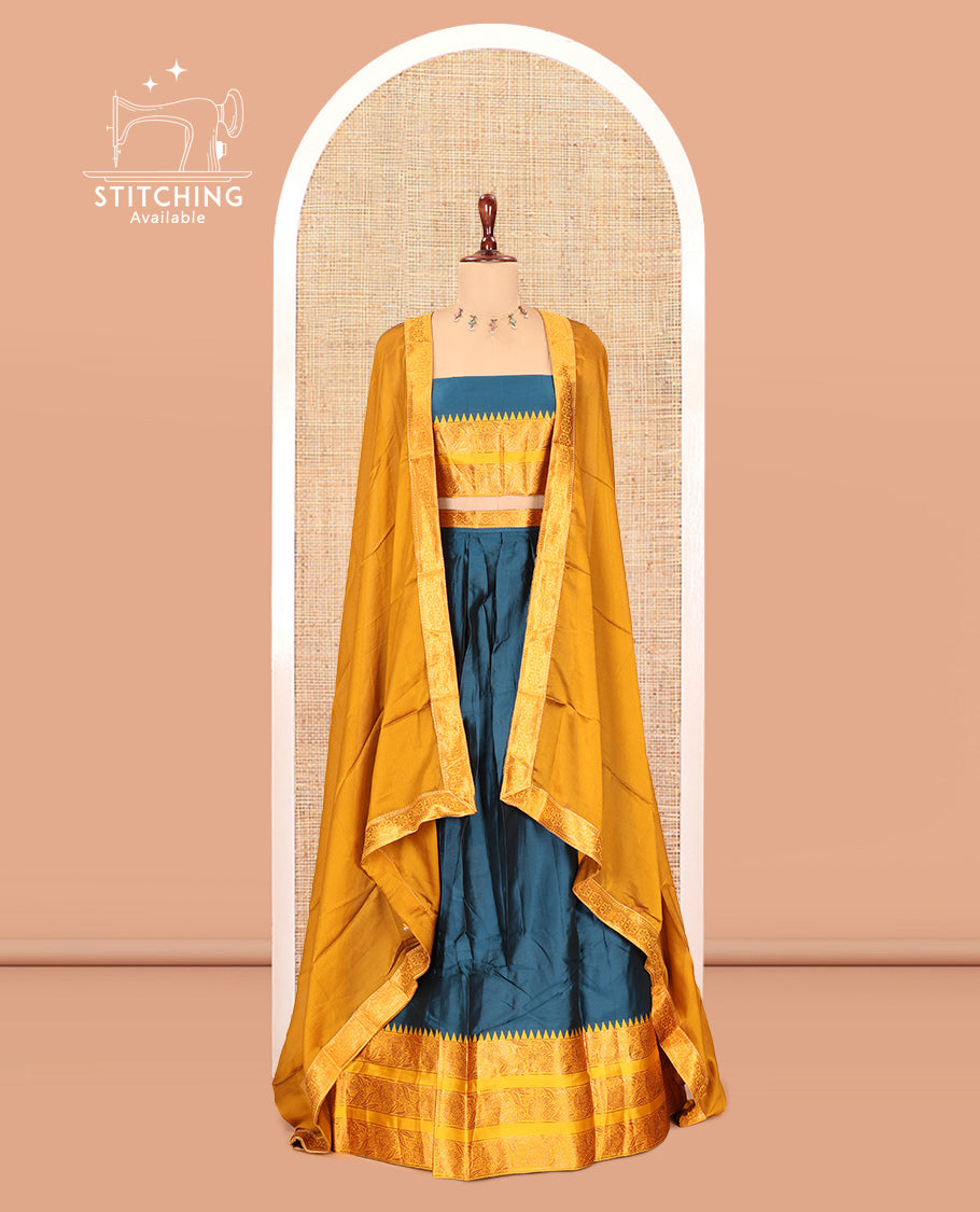 Peacock Blue Semi-Banarasi Half-Saree Features Plain Skirt, Contrast Floral Creeper Zari Border, Matching Blouse, Contrast Dhavani