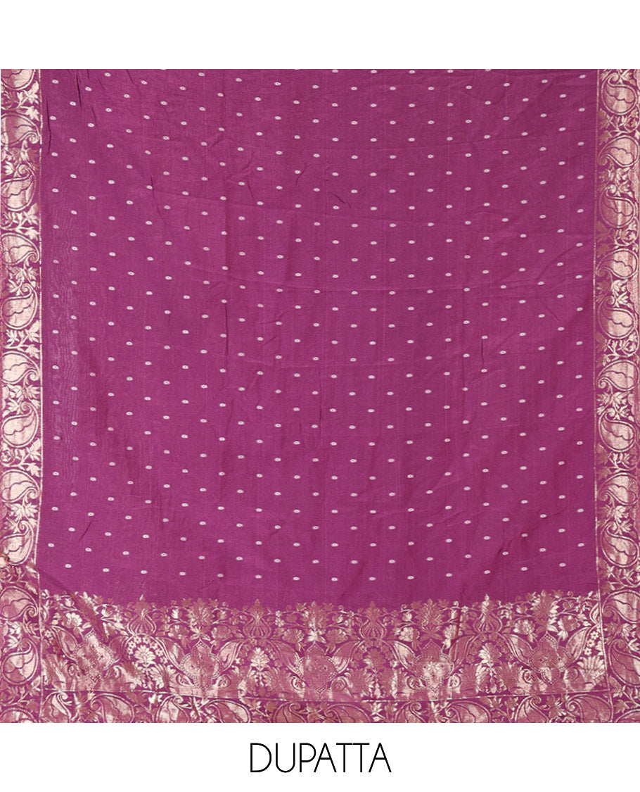 Dark Purple Mul Chanderi Material Chudidar Set, Subtly Printed with Bandhani-Style Printed Top, a Plain Santoon Bottom, and Paired with a Matching Mul Chanderi Bandhani-Dotted and Zari-Woven Dupatta
