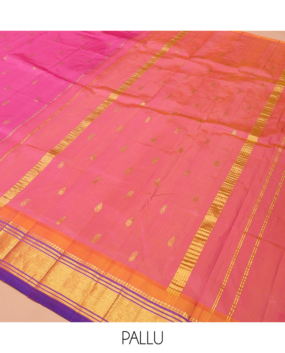 Pink Kanchipuram Silk Saree, Accentuated with Zari Buttas on Its Body, Complemented by a Contrast One-Sided Border of Panner Sombu, Banaras, and Mayil Kann Designs, Pallu of Zari Designs, and Comes Without a Blouse