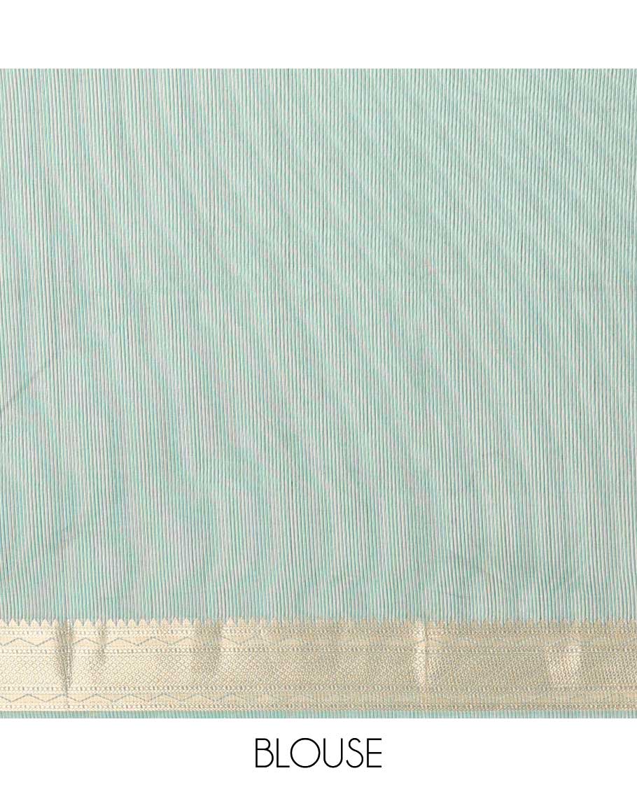 Peacock blue small butta art raw silk saree with bavanchi temple border rich pallu along with vertical stripes blouse