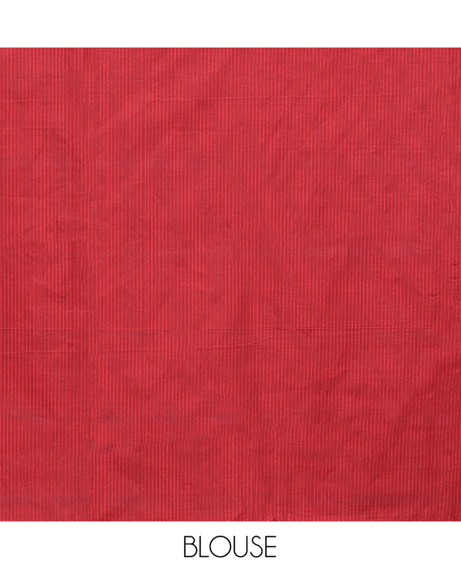 Blue Poly Cotton Saree, Sparsely Threaded with Stripes on Its Body, Complemented by Contrast Peacock-Eyed Border, Striped Pallu, and Paired with a Contrast Blouse