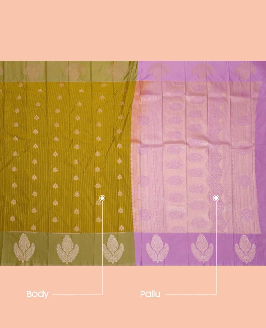 Green Budget Silk Saree, Subtly Sparkled with Zari Buttas and Stripes, Complemented by a Contrast Zari Motif Border, Intricate Pallu, and a Contrast Blouse