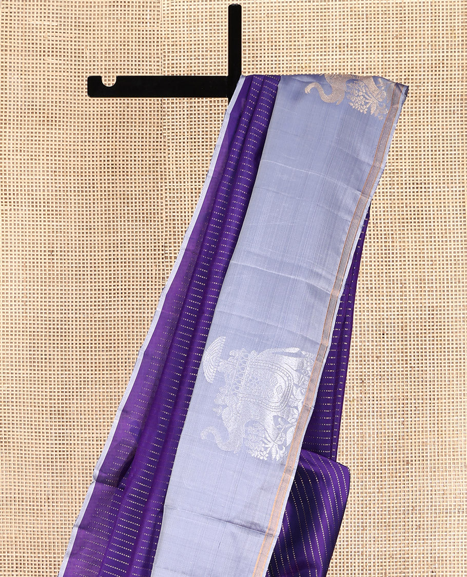 Violet Mayuri Lite Silk Mix Saree, Decorated with Dotted-Stripes, Complemented by a Contrast Elephant Motif Border, Intricate Pallu, and a Contrast Blouse