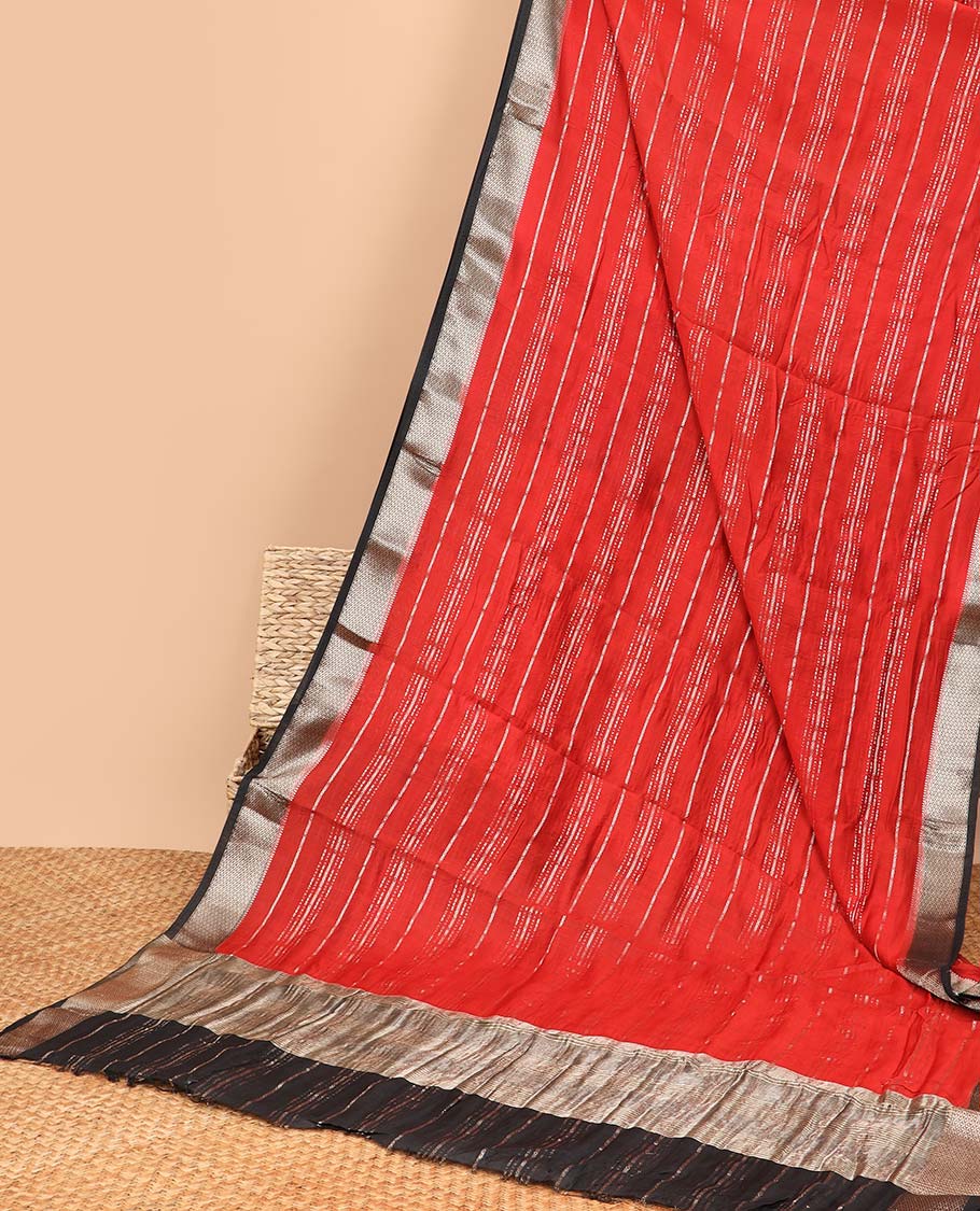 Red striped chiffon saree with contrast zari border & striped pallu