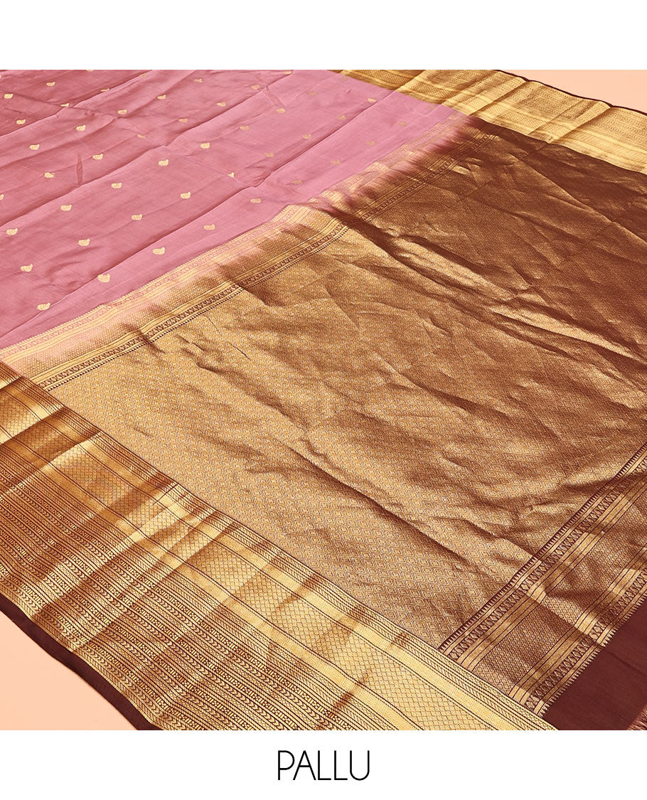 Grey-Brown Zari Buttas Vasundhara Lite Silk Mix Saree, Contrast Geometric Zari Border, Jaal Pallu, a Contrast Blouse