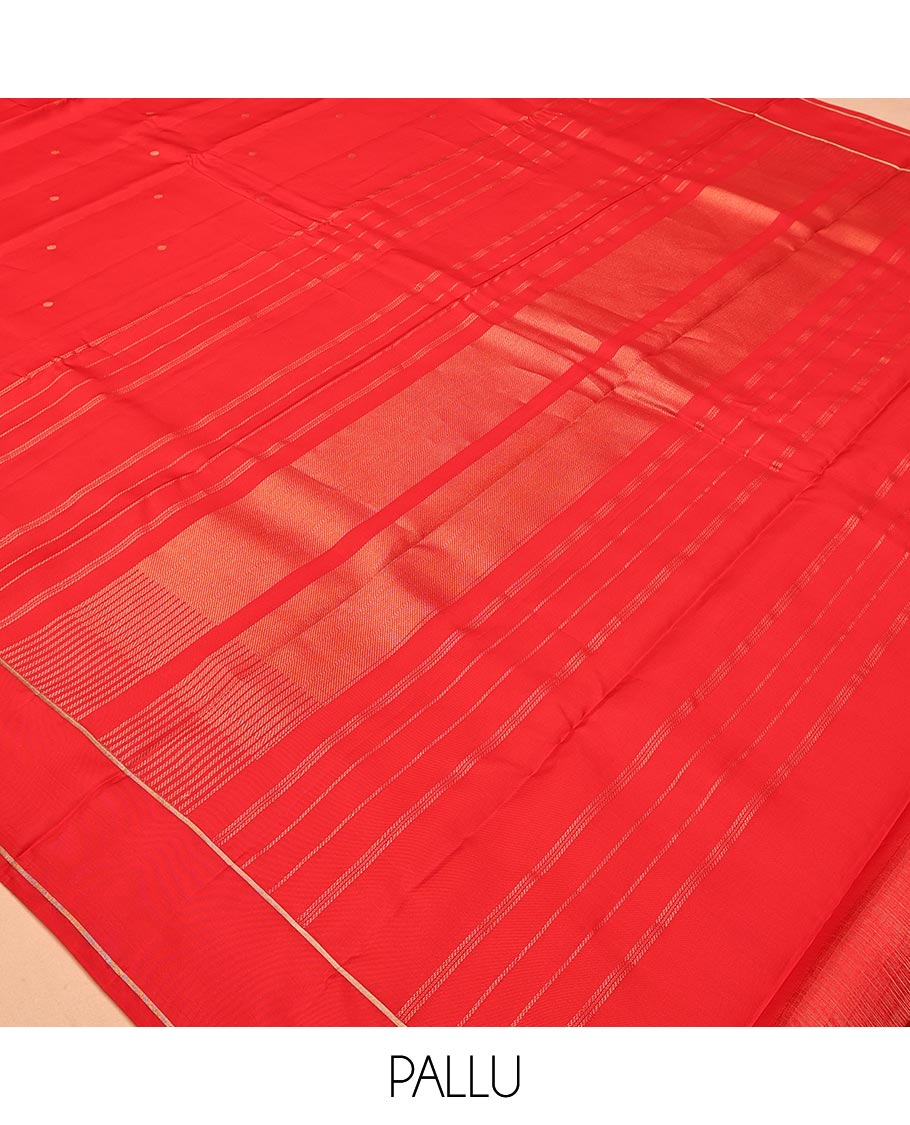 Red Vasundhara Lite Silk Saree, Subtly Sparkled with Paisa Zari Buttas Across Its Body, Highlighted Zari Border of Horizontal Stripes, Gleaming Pallu of Seppu Rekku Designs, and Paired with a Matching Blouse