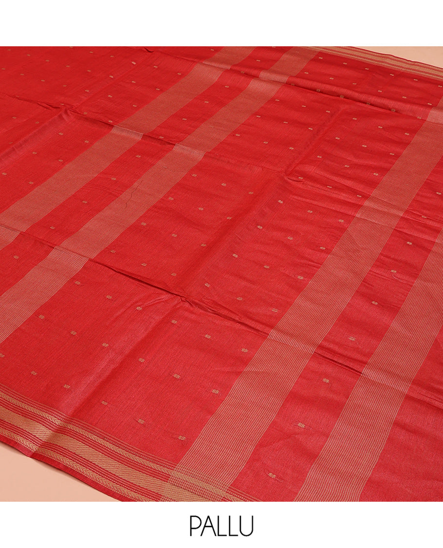 Red Tussar Saree, Steeped with Buttas, a Subtle Traditional Border, Pallu of Stripes and Buttas, and a Matching Blouse