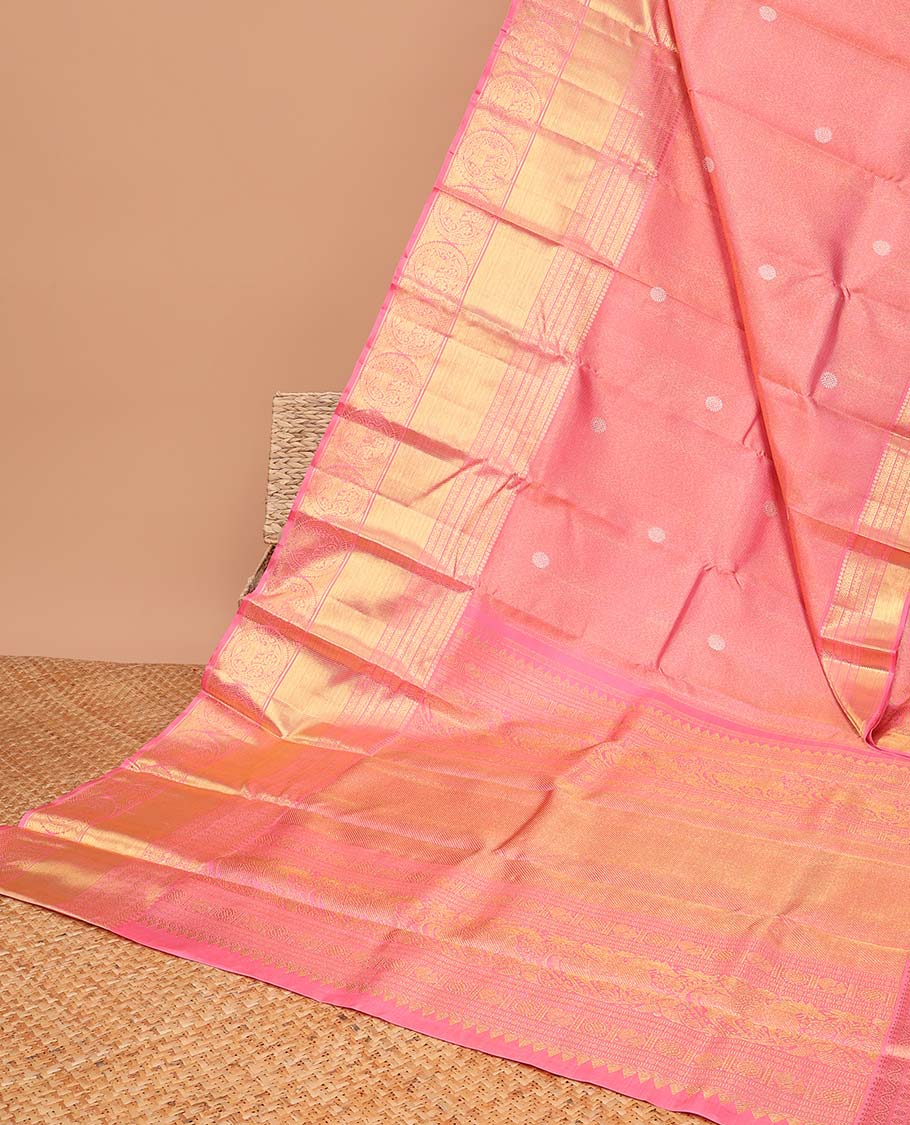 Peach striped, round buttas samudrika silk saree with self korvai border of intricate design & zari design pallu